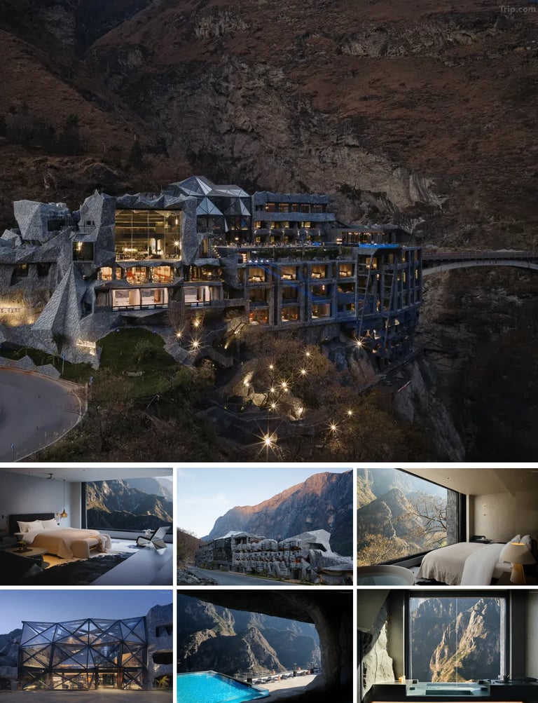 Luxury mountain resort with modern stone architecture, infinity pool, and scenic canyon views.