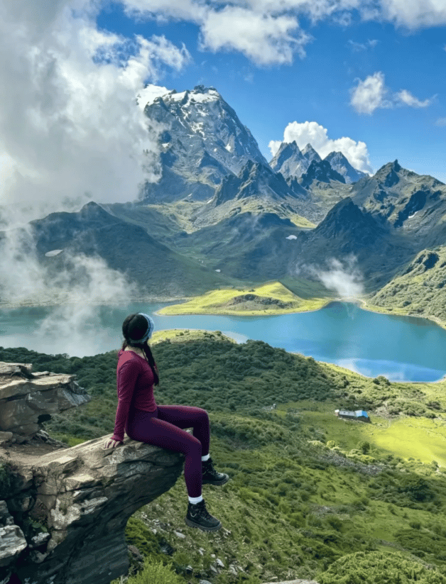 A female hiker sits on a cliff overlooking a blue alpine lake and majestic snowy mountain peaks.
