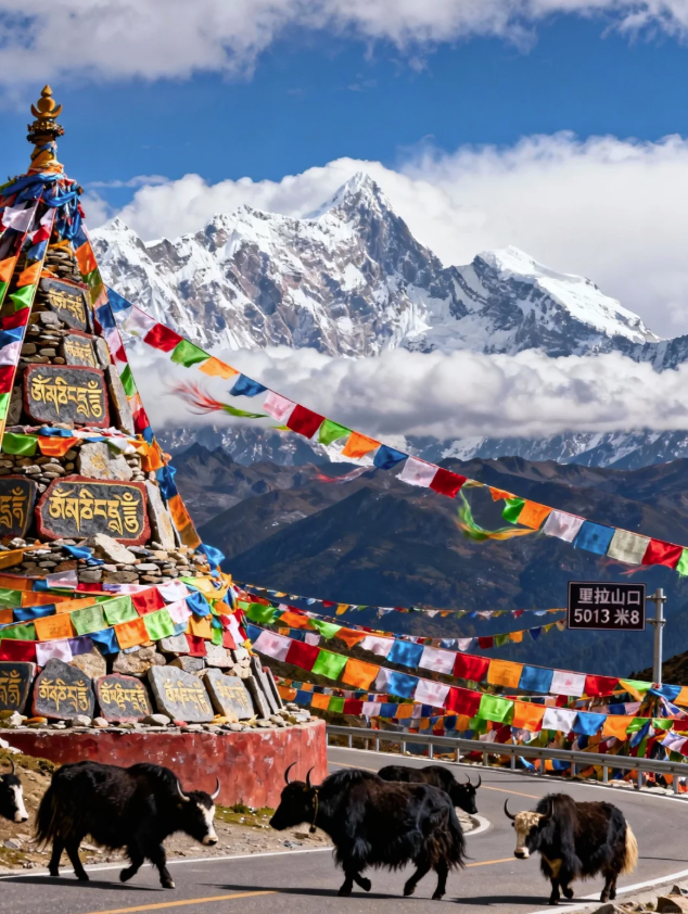 Black yaks walk past a Buddhist stupa with prayer flags and snow-capped Himalayan mountains.