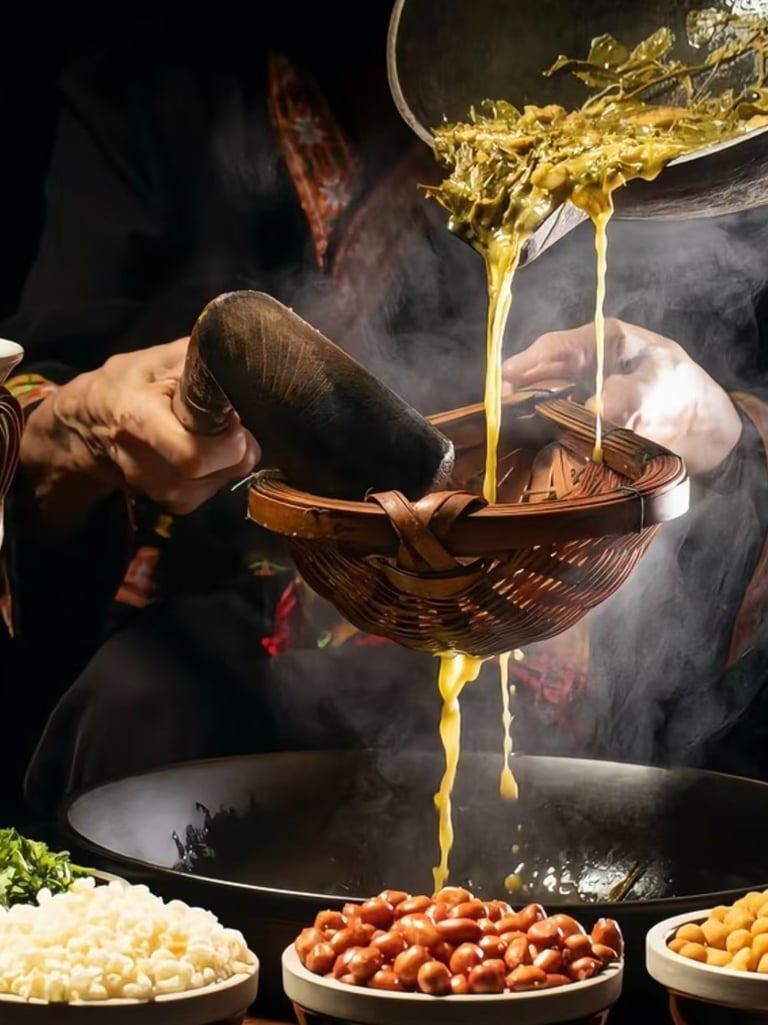 A person pouring hot Lei Cha tea through a bamboo strainer into a bowl with peanuts and grains.