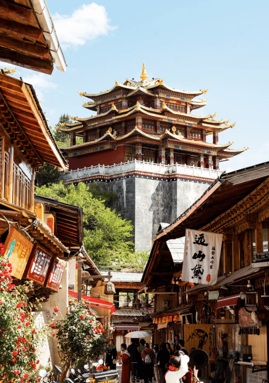 A multi-tiered Tibetan temple overlooking a traditional street in the Shangri-La Old Town, Yunnan.