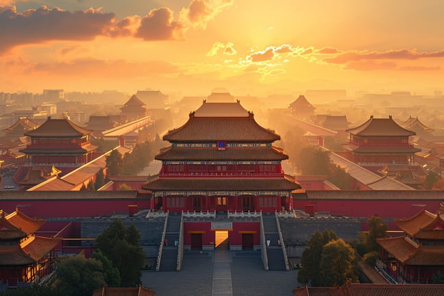 Aerial view of the Forbidden City in Beijing during a golden sunset with traditional Chinese architecture.