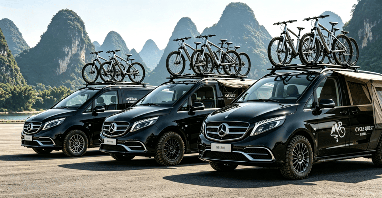 CycleQuest China support van fully outfitted with bike carriers and outdoor logistics equipment