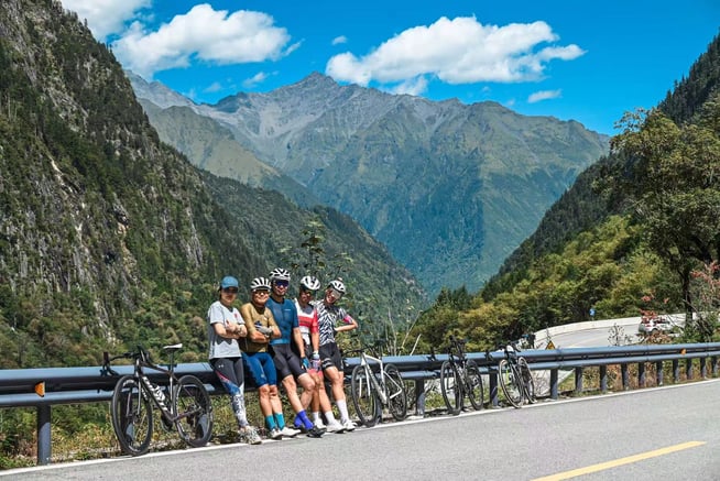 Cyclists with road bikes take a break along a mountain pass with scenic valley views.