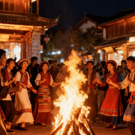 People in traditional Chinese ethnic clothing dancing around a large bonfire in a historic town at night.