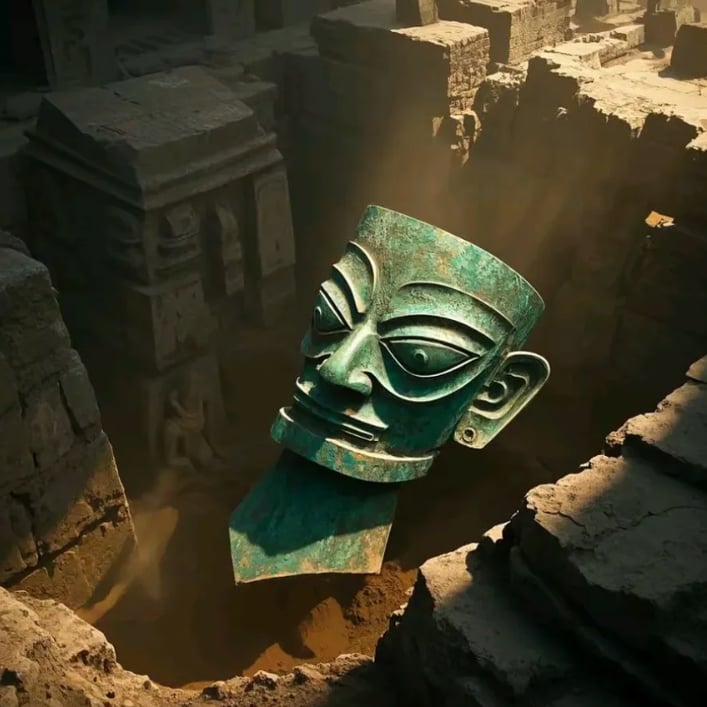 Ancient bronze Sanxingdui mask unearthed in an archaeological dig site with dramatic sunlight.
