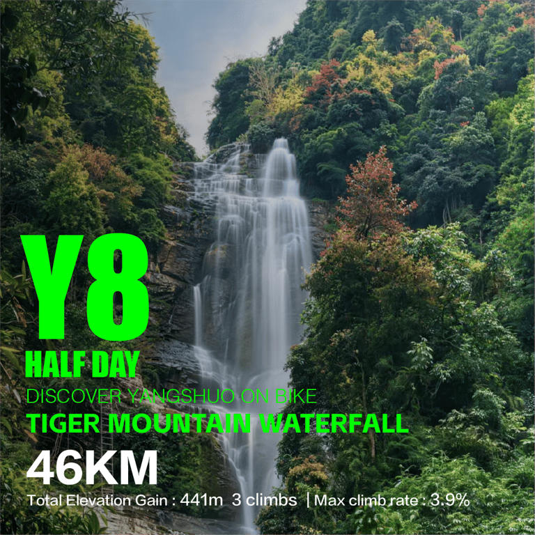 Tiger Mountain waterfall in dense forest, Yangshuo — route Y8, 46 km, 441 m ascent