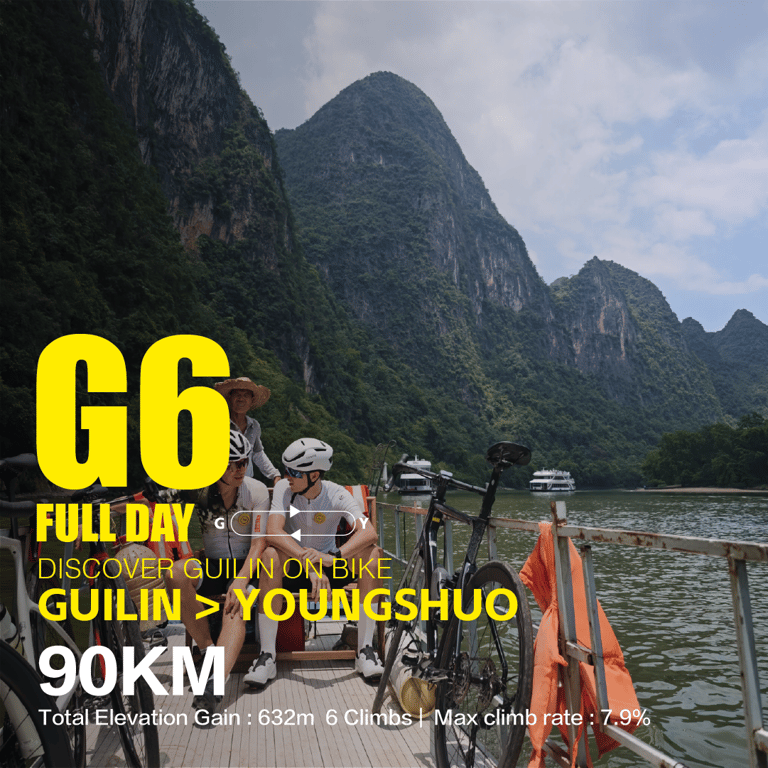 Riders and bikes on a Li River ferry between Guilin and Yangshuo — route G6, 90 km, 632 m ascent