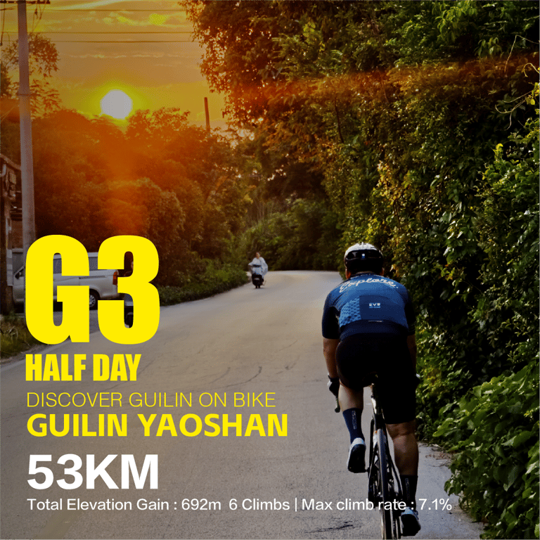Road cyclist climbing at sunset on Yaoshan, Guilin — route G3, 53 km, 692 m ascent