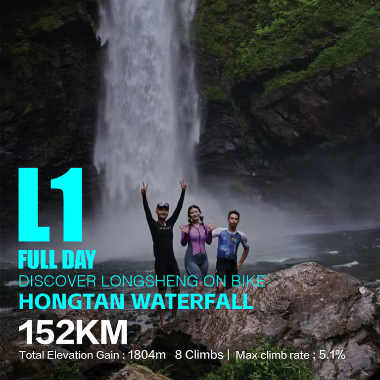 Riders at the foot of Hongtan waterfall, Longsheng — route L1, 152 km, 1,804 m ascent