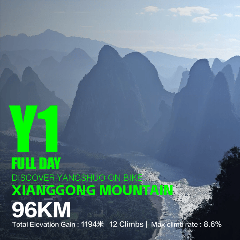 Li River bend seen from Xianggong Mountain — route Y1, 96 km, 1,194 m ascent