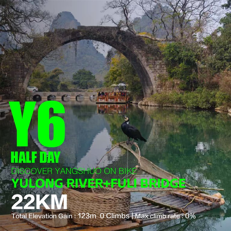 Cormorant and fishing raft at Fuli Bridge on the Yulong River — route Y6, 22 km, 123 m ascent