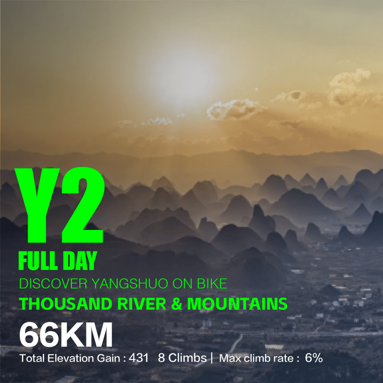 Layered karst peaks at sunrise, Yangshuo — route Y2, 66 km, 431 m ascent