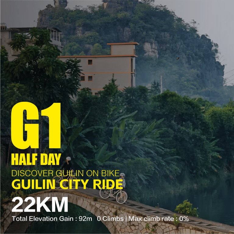Cyclists on a stone bridge below a karst peak in Guilin — route G1, 22 km, 92 m ascent