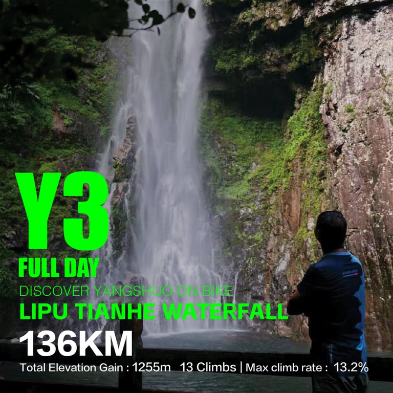 Lipu Tianhe waterfall in the forest — route Y3, 136 km, 1,255 m ascent