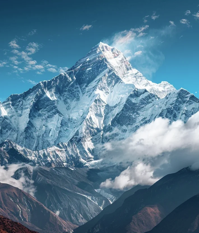 Majestic snow-capped mountain peak rising above white clouds under a clear blue sky.