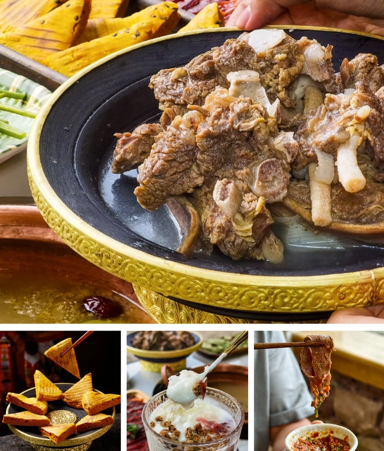 Traditional boiled yak meat served in a gold bowl with regional side dishes and desserts.