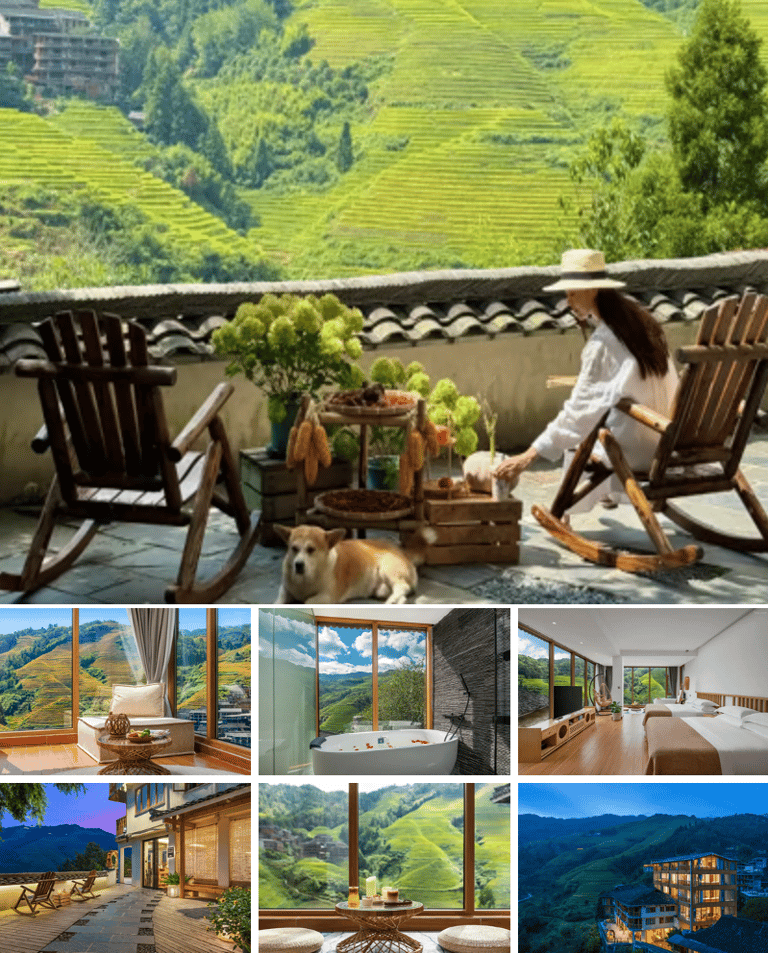 Luxury boutique hotel terrace and guest rooms overlooking scenic green rice terraces in a rural valley.