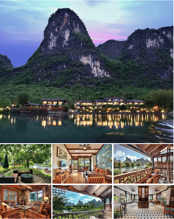 Luxury riverside resort in Yangshuo, China, featuring traditional architecture and scenic karst mountain views.