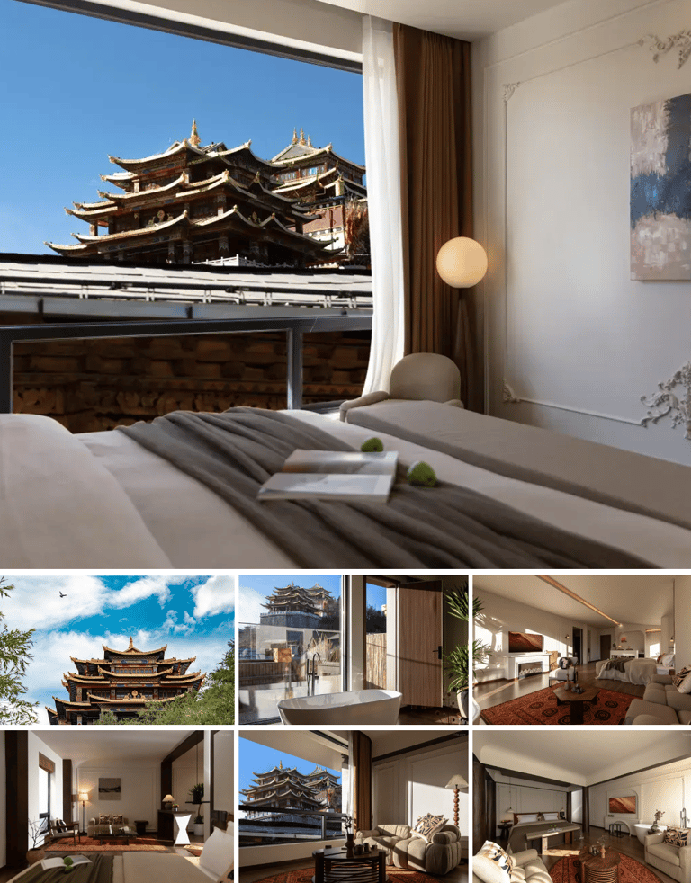 Luxury hotel room interior with a view of a traditional Tibetan temple in Shangri-La.