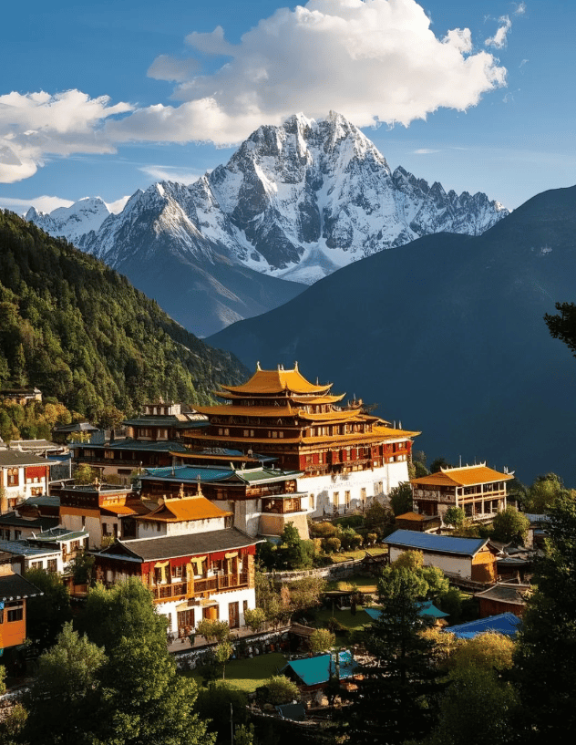 Golden-roofed halls of Ganden Sumtseling Monastery sprawling across a hillside near Shangri-La.